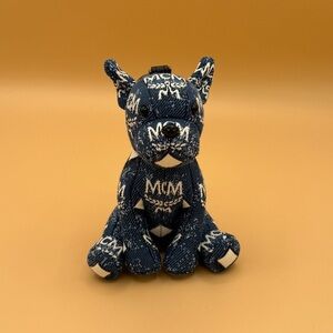 MCM Blue Denim Jacquard Visetos Puppy Dog Frenchie Bag Charm Keychain BNIB